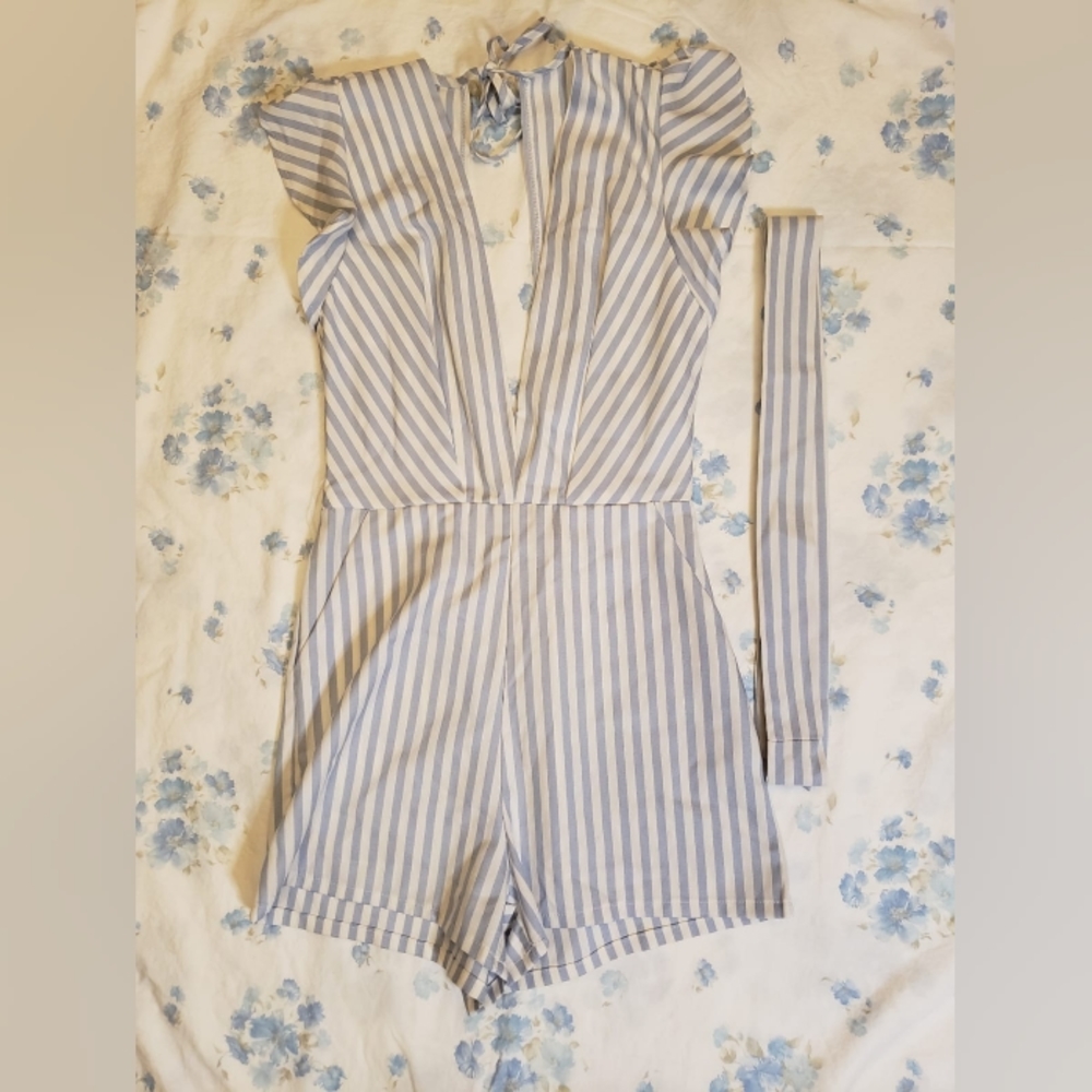 Shop 17 Deep V Neck White And Blue Romper Butterfly Sleeves Women S